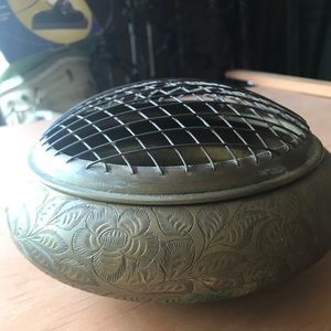 Antique Midcentury Brass Floral Etched Flower Frog